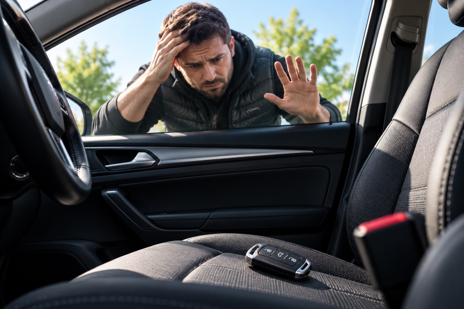 Key fob locked inside the car while the driver stands at the window